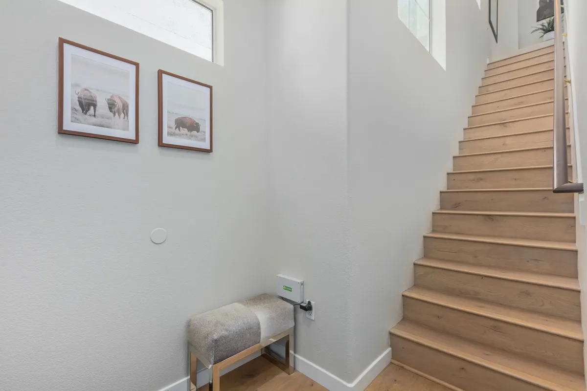 A welcoming interior stairway with a modern staircase, framed animal prints on the wall, and a bench. The area feels like a transitional space leading from the garage or entryway up to the main living spaces, providing a sense of privacy and a calm transition from entry to home.